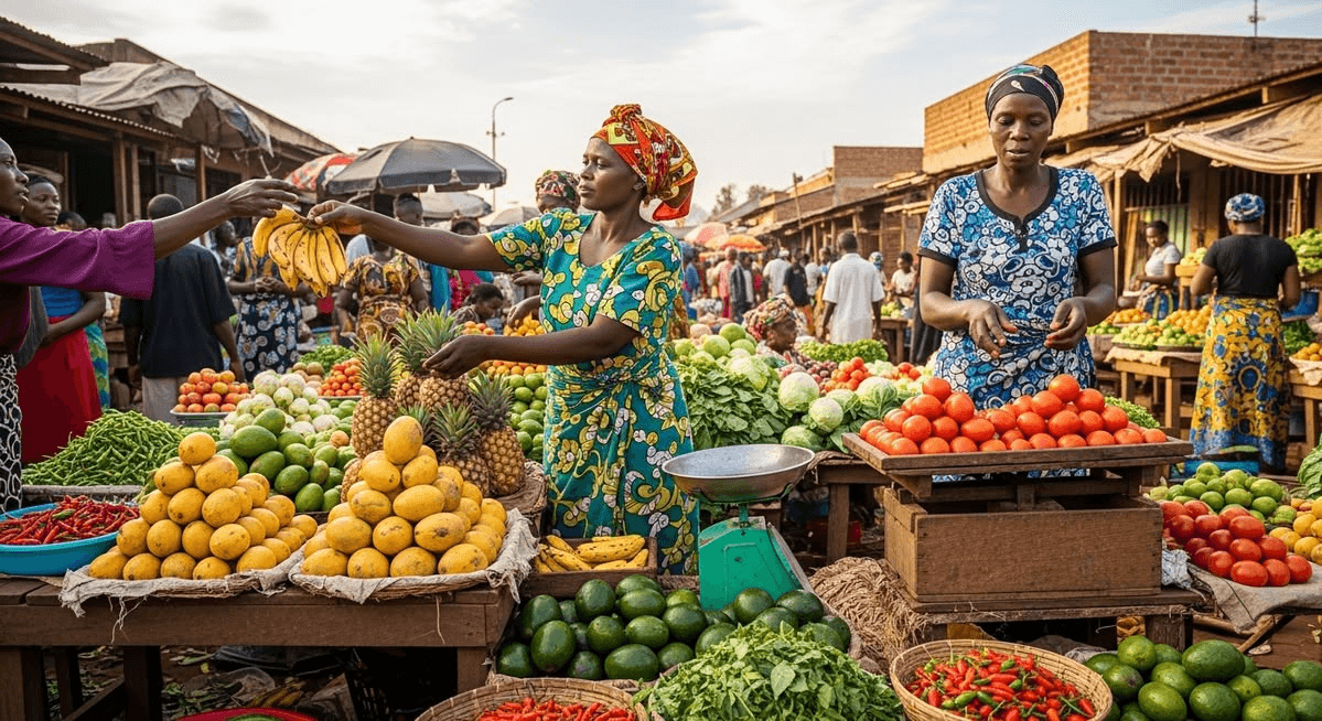 Retail trader in her shop serving a customer