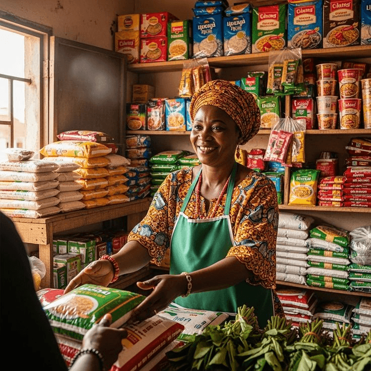 African market vendor serving customers at a busy stall