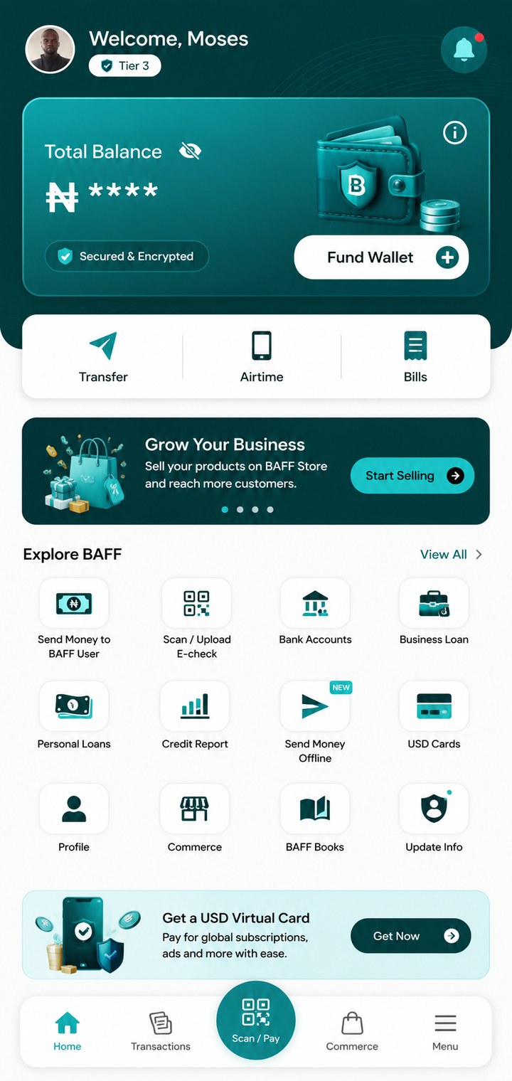 BAFF app home screen showing wallet balance, transfers, and Explore BAFF services